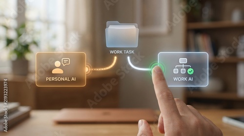 Shadow AI and Unapproved AI Tools - A hand redirects a work task from a personal AI interface to a secure work AI environment, symbolizing workflow automation and digital task management.