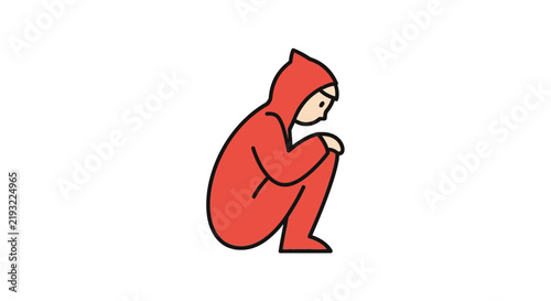 Sad Person Wearing Red Onesie Sitting Down.