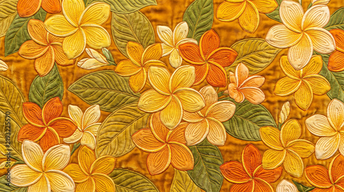 Vibrant Quilted Fabric Texture Layered Plumeria Floral Colorful Handmade