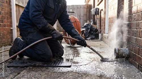 Drainage contractor using high-pressure hydro-jetting equipment to clear a residential drain in a side alley.