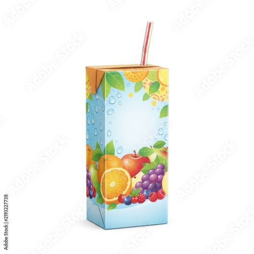 Colorful Fruit Juice Carton With Straw on White Background