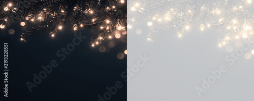 Festive Christmas pine branches with warm glowing string lights border. Gold Christmas garland. Holiday decoration overlay on dark and transparent backgrounds.