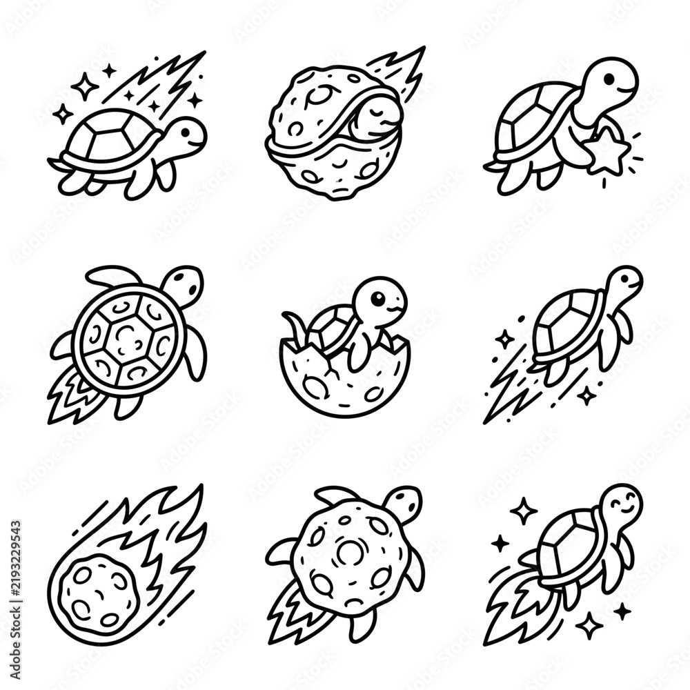 Fototapeta premium Cute cartoon turtles in space, exploring stars and meteors