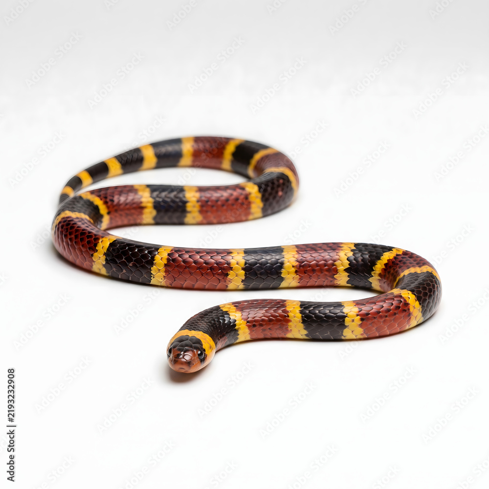 Obraz premium Vividly Banded Coral Snake Coiled, Studio Shot on White Background