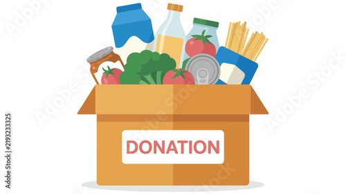 Donation Box Filled with Food and Household Supplies for Charity and Community Support Vector Illustration