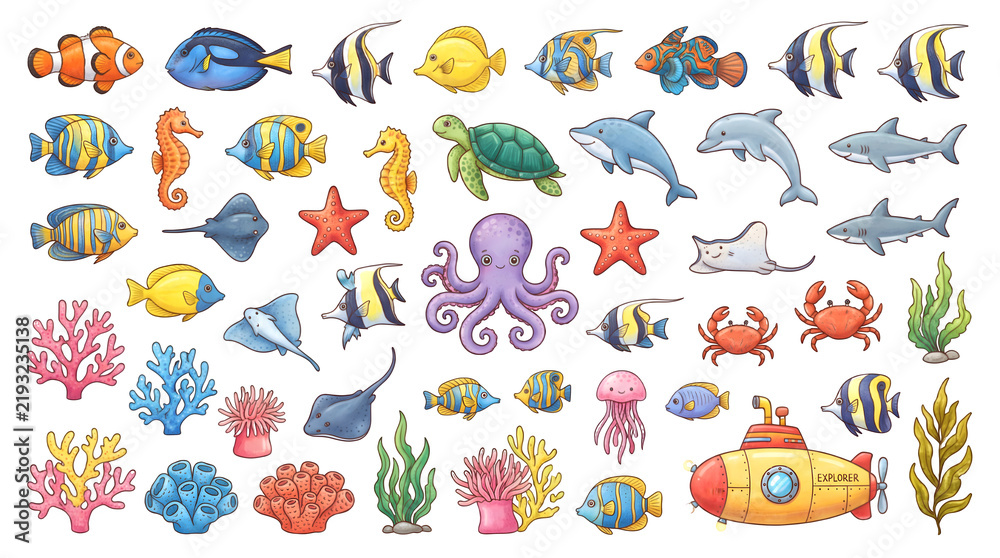 Obraz premium Colorful underwater ocean scene featuring diverse marine life and sea creatures in vibrant cartoon style