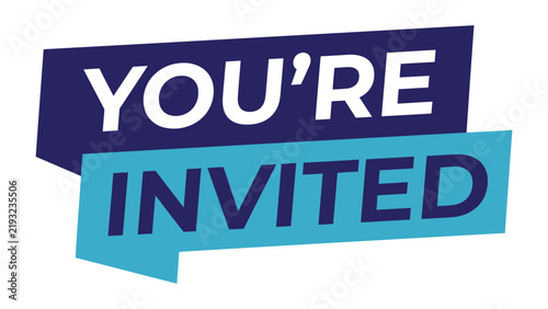You're Invited Invitation Banner with Bold Typography in Blue and Purple Speech Label Design