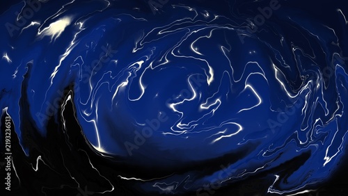 Abstract Dark Blue Fluid Marble Texture with Glowing White Swirls Background