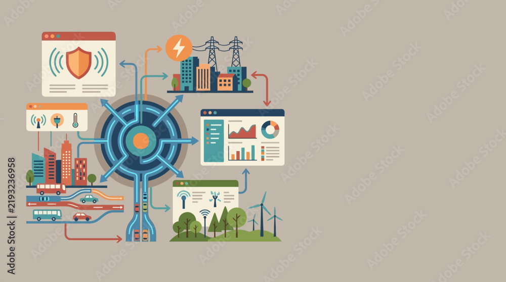 Obraz premium Smart City Infrastructure Infographic with IoT Data Connectivity and Sustainable Energy Management