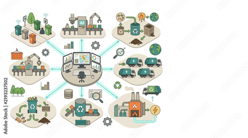 Fototapeta premium Sustainable Smart Waste Management System Infographic with IoT Monitoring, Recycling, Composting, and Green Energy Production
