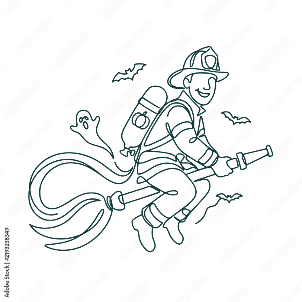 Fototapeta premium Firefighter kid flying on broom costume with ghost and bats line art