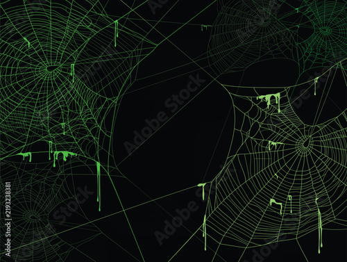 detailed neon green spider web with drops of poisonous slime dripping against black wall - halloween theme dark realistic copy space vector silhouette background with empty toxic trap outlines