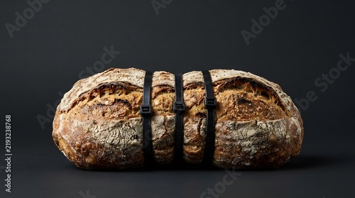 Artisan sourdough bread constricted by black zip ties illustrating gluten intolerance and rising food inflation costs for dietary and economic articles