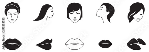 Stylized female portrait silhouettes featuring modern haircuts and delicate lips for cosmetics brand.
