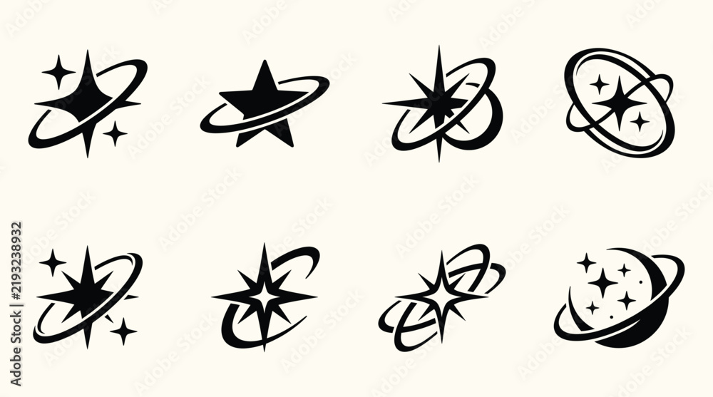 Fototapeta premium Star Orbit Icon Set, Y2K Sparkle Ring Vector Collection, Retro Futuristic Space Symbol Designs for Sticker and Branding Design