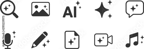 Modern Generative AI Icon Set with Sparkle Symbols for Artificial Intelligence Content Creation Image Audio Video and Text Generation UI Elements for Apps and Websites