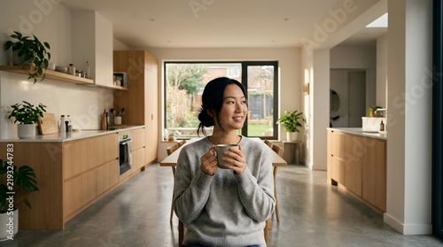Happy Asian woman holding coffee cup in modern kitchen interior