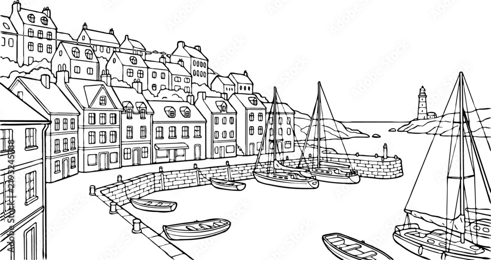 Fototapeta premium Coastal town harbor with sailboats and lighthouse, line art illustration, graphic element