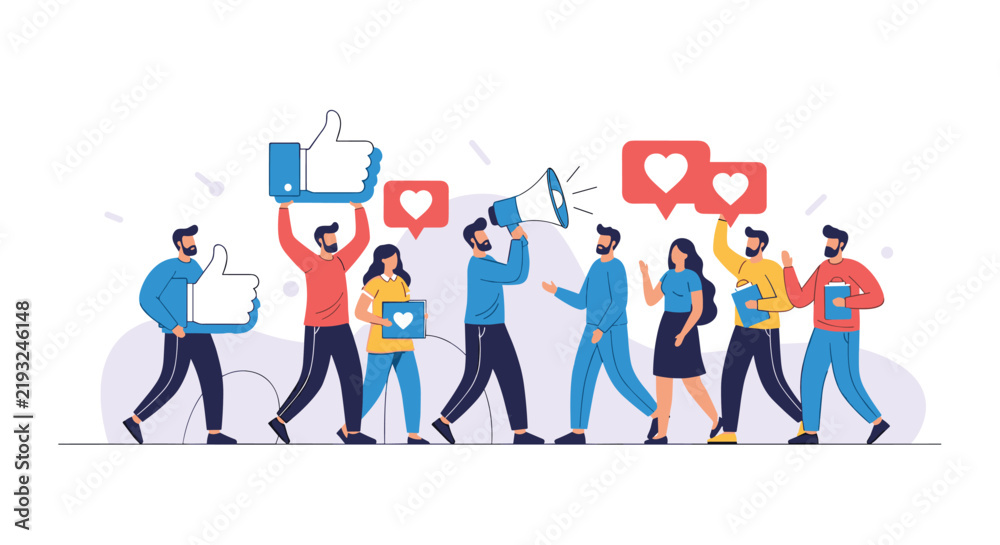 Fototapeta premium Diverse crowd of people marching and holding social media icons like thumbs up hearts and megaphones.