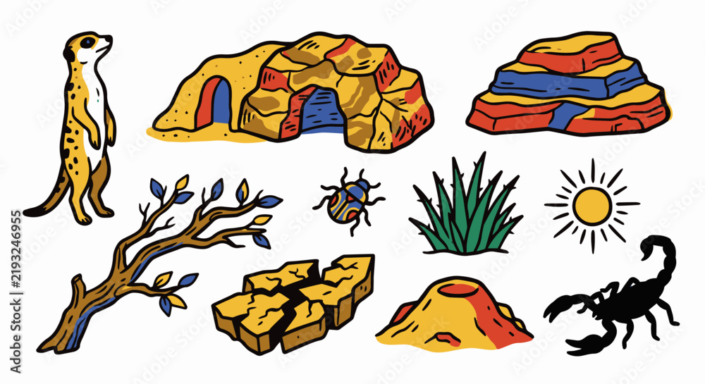 Obraz premium Cute Hand-Drawn Leopard Gecko and Vivarium Decor 10 Objects 5-Color Doodle Set