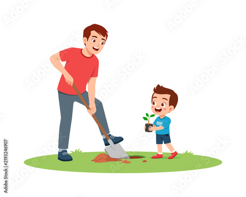 Smiling Asian father and son happily planting a small tree in the garden showing joyful teamwork