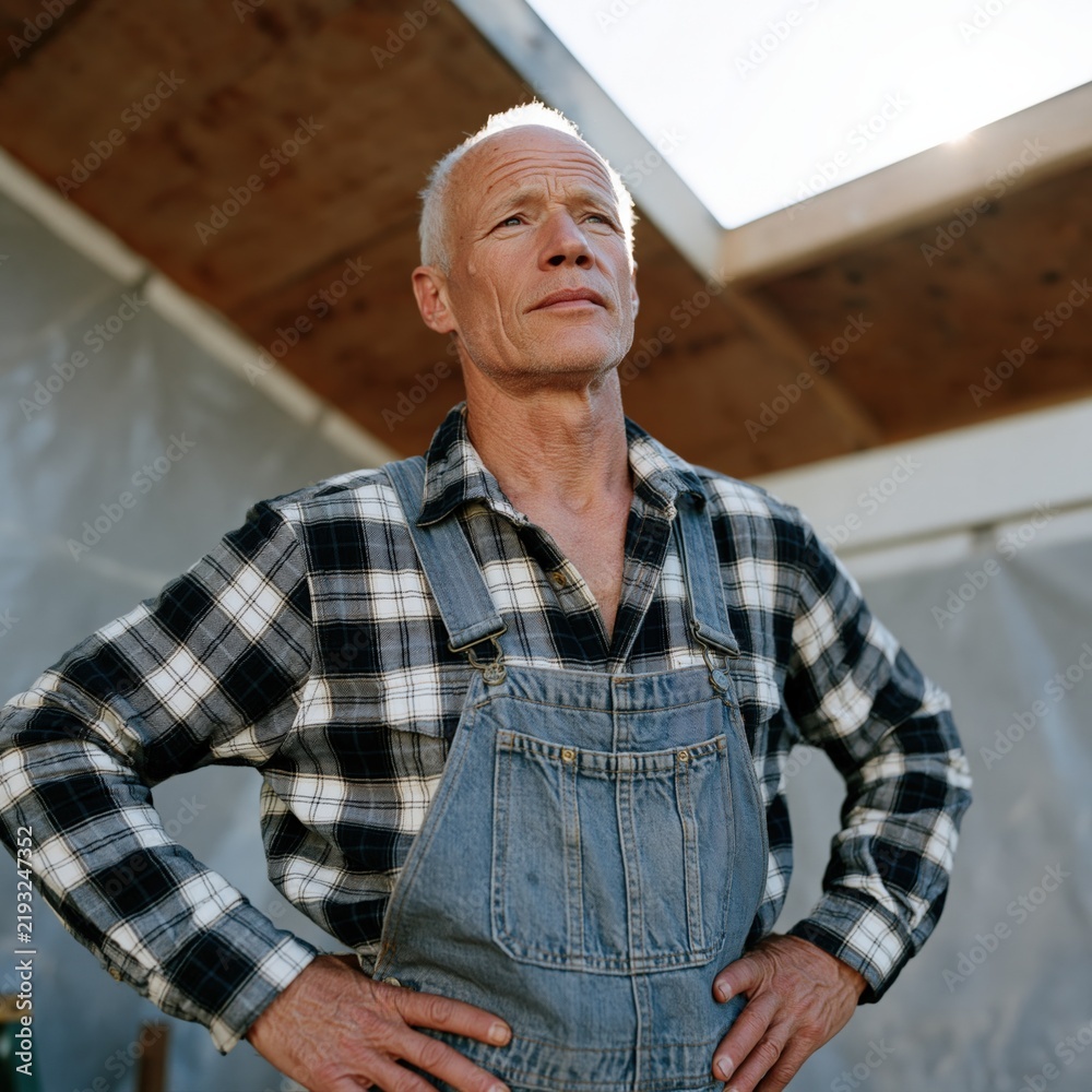 Fototapeta premium Determined senior builder in plaid shirt and denim overalls under attic skylight for renovation and construction banner design and contractor profile