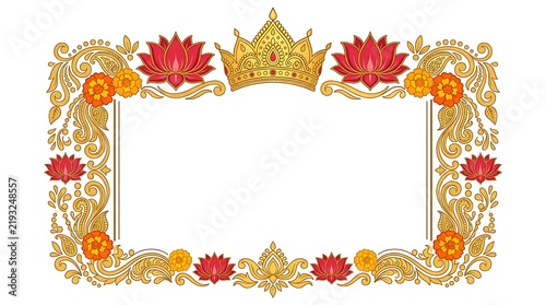 Intricate golden durga puja border design with red and orange floral motifs for event decoration