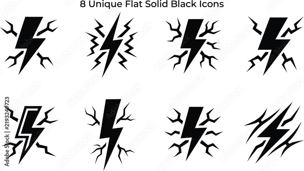 Fototapeta premium Collection Of Eight Unique Flat Solid Black Icons Showing Lightning Bolts With Cracks