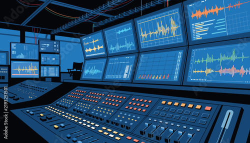 Vector illustration of an audio control room with sound mixing console and monitors