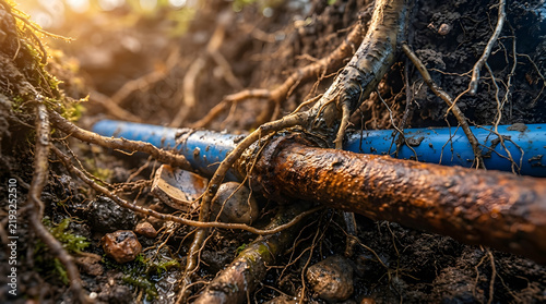 Old Rusty Water Pipe Underground Near Tree Roots | Damaged Plumbing Underground Water Line Leak | Buried Industrial Water Pipe Soil Inspection