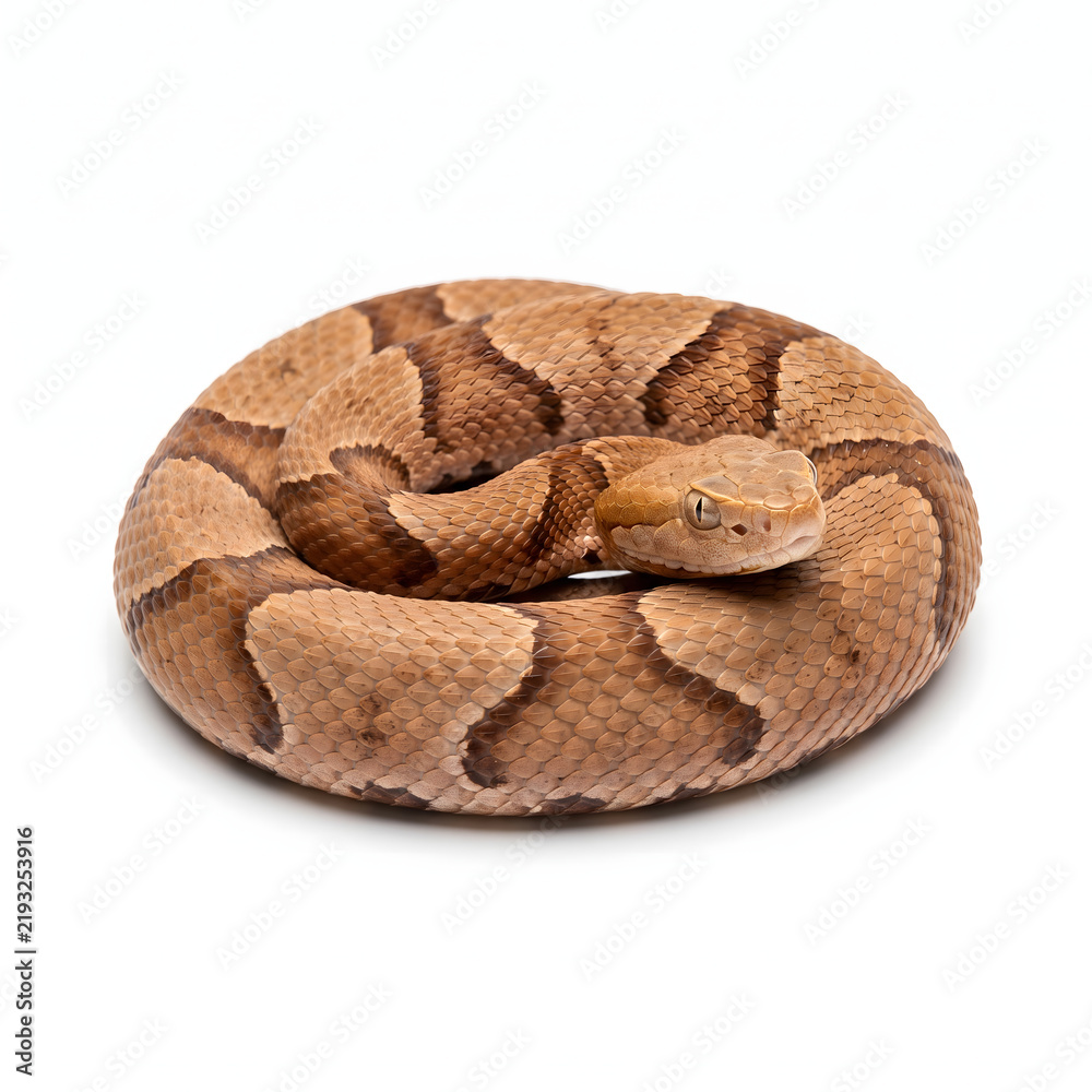 Fototapeta premium Venomous Copperhead with Coppery Tan Bands, Studio Shot on White Background
