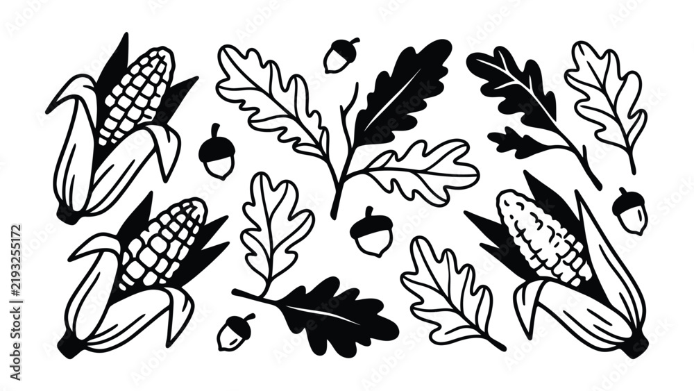 Fototapeta premium Autumn Harvest Icons: A collection of hand-drawn line art icons featuring corn, oak leaves, and acorns, perfect for seasonal designs and harvest themes.