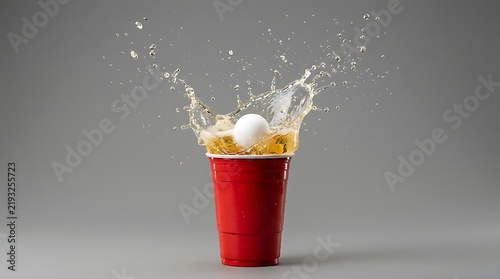 White ping pong ball falling into a red plastic cup with beer splashing out during a fun party game. beer pong splash