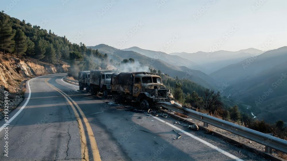 Obraz premium Burned Trucks on Mountain Road with Scenic Valley and Mountain Range Background