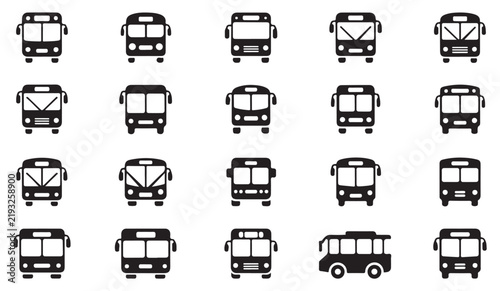 Bus front view icons grid black silhouettes for urban transport map interface elements.