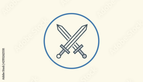 Symmetrical icon showing two crossed medieval swords inside a circular frame with clean blue outlines on cream.