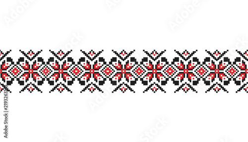 Ukrainian traditional folk embroidery pattern with red and black geometric pixel design elements on a white background.
