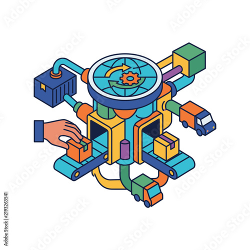 Isometric vector illustration of global supply chain logistics and manufacturing
