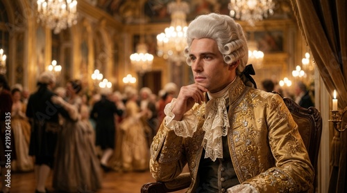 An aristocratic man dressed in elegant eighteenth century costume posing thoughtfully.