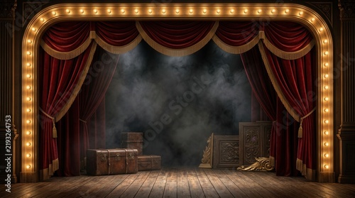 Elegant vintage theater stage with luxurious red velvet curtains and gold trim.
