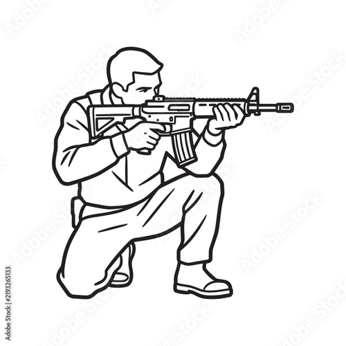 Kneeling Soldier Aiming Rifle Gun Military Tactical Outline Vector Line Art.