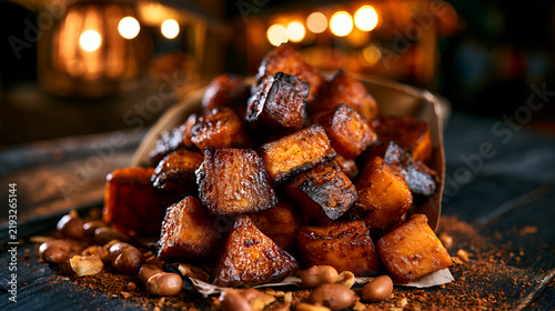 Kelewele is served in a bowl with spices and nuts in a lively setting with warm lighting in the background