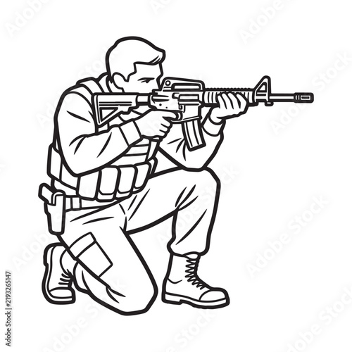 Kneeling Soldier Aiming Rifle Gun Military Tactical Outline Vector Line Art.