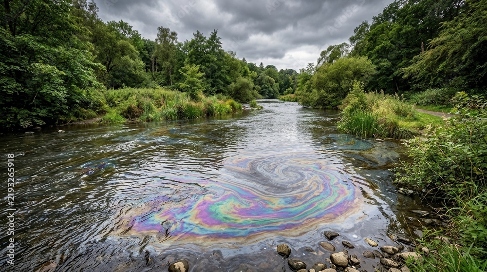 Obraz premium River showing iridescent oil rainbow sheen flowing through a green park