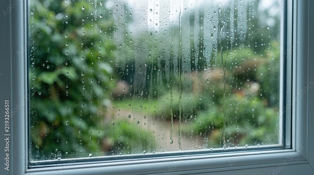 Obraz premium Close-up of condensation on window glass during humid weather.