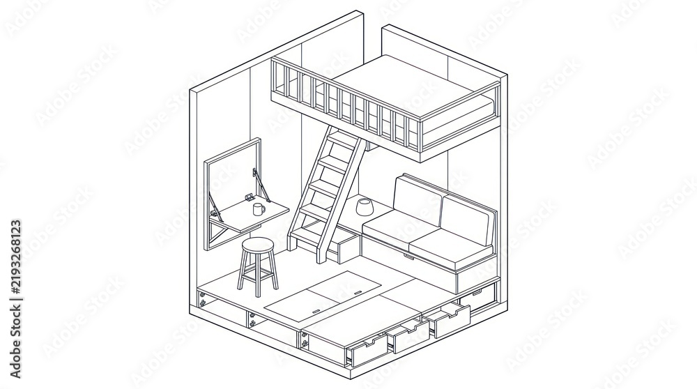 Fototapeta premium Space saving loft bedroom with integrated study nook and sofa seating