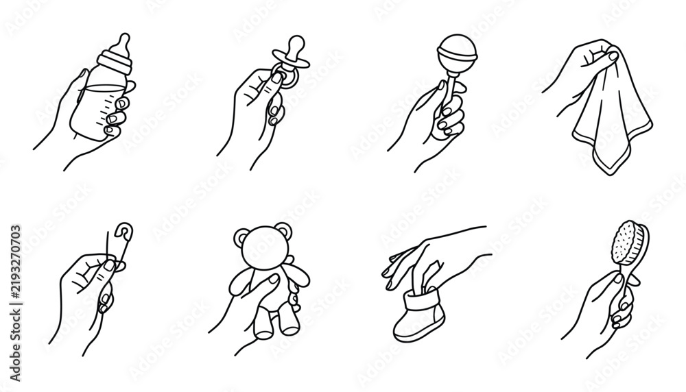 Obraz premium Infant care items held by hands black and white vector icons.