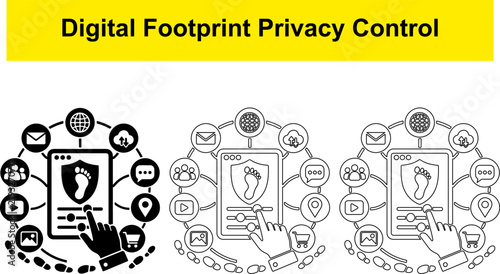 Digital footprint privacy control icon set showing internet browsing history shield with social media links.