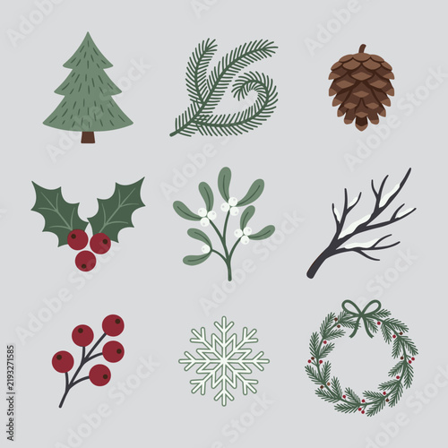 Collection of Winter Holiday Icons Including Christmas Tree Holly Mistletoe Pinecone Snowflake and Wreath