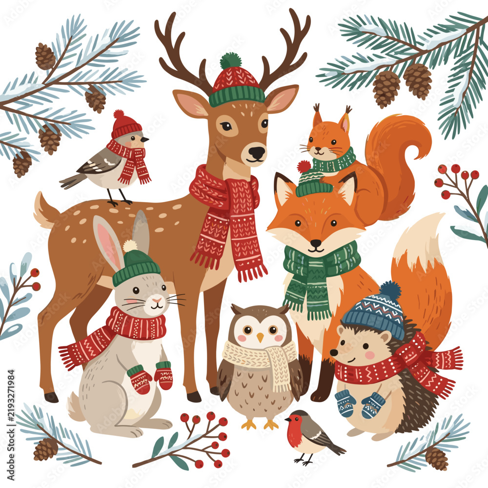 Fototapeta premium Cute Winter Forest Animals Wearing Hats and Scarves Celebrating the Holidays Together
